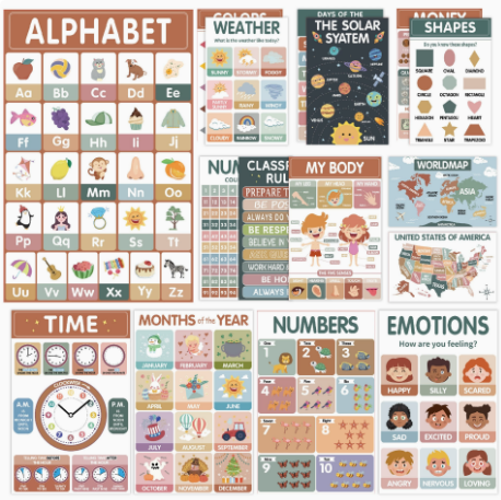 Educational Wall Posters for Kids — 18-Pack Learning Charts (ABCs, Numbers, Shapes & More)