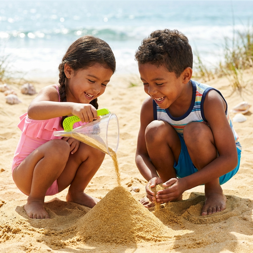 Kids building sand castles together with Castle Cones sand toy