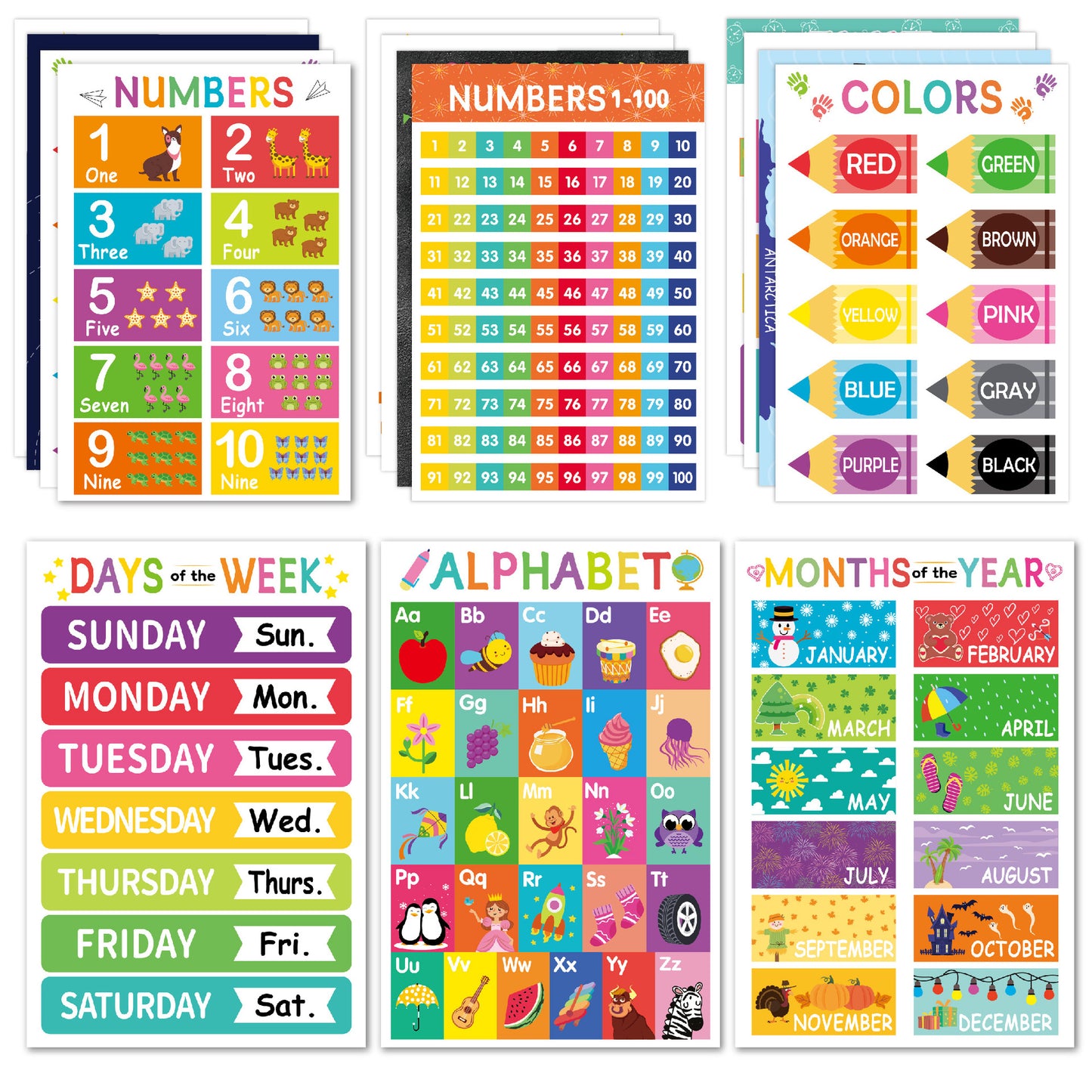Educational Wall Posters for Kids — 18-Pack Learning Charts (ABCs, Numbers, Shapes & More)