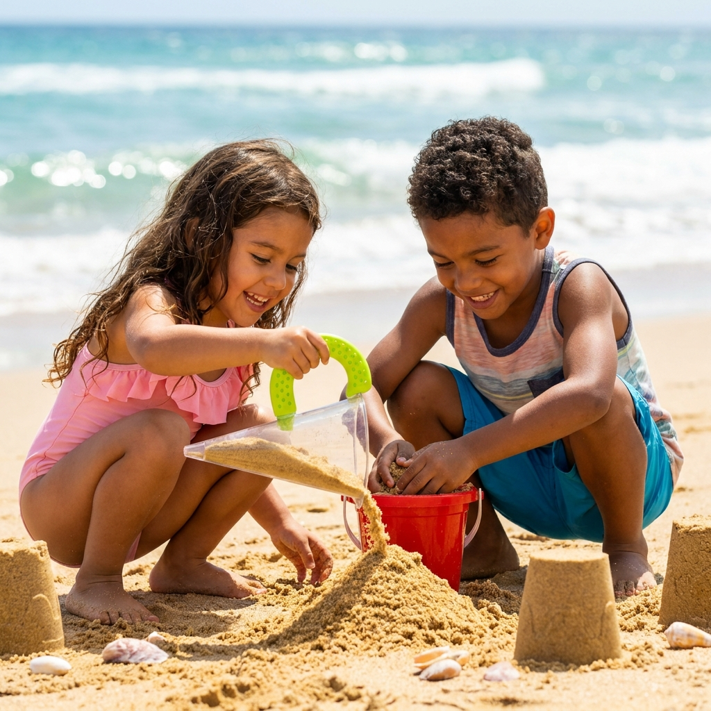 Siblings playing together with Castle Cones at the beach