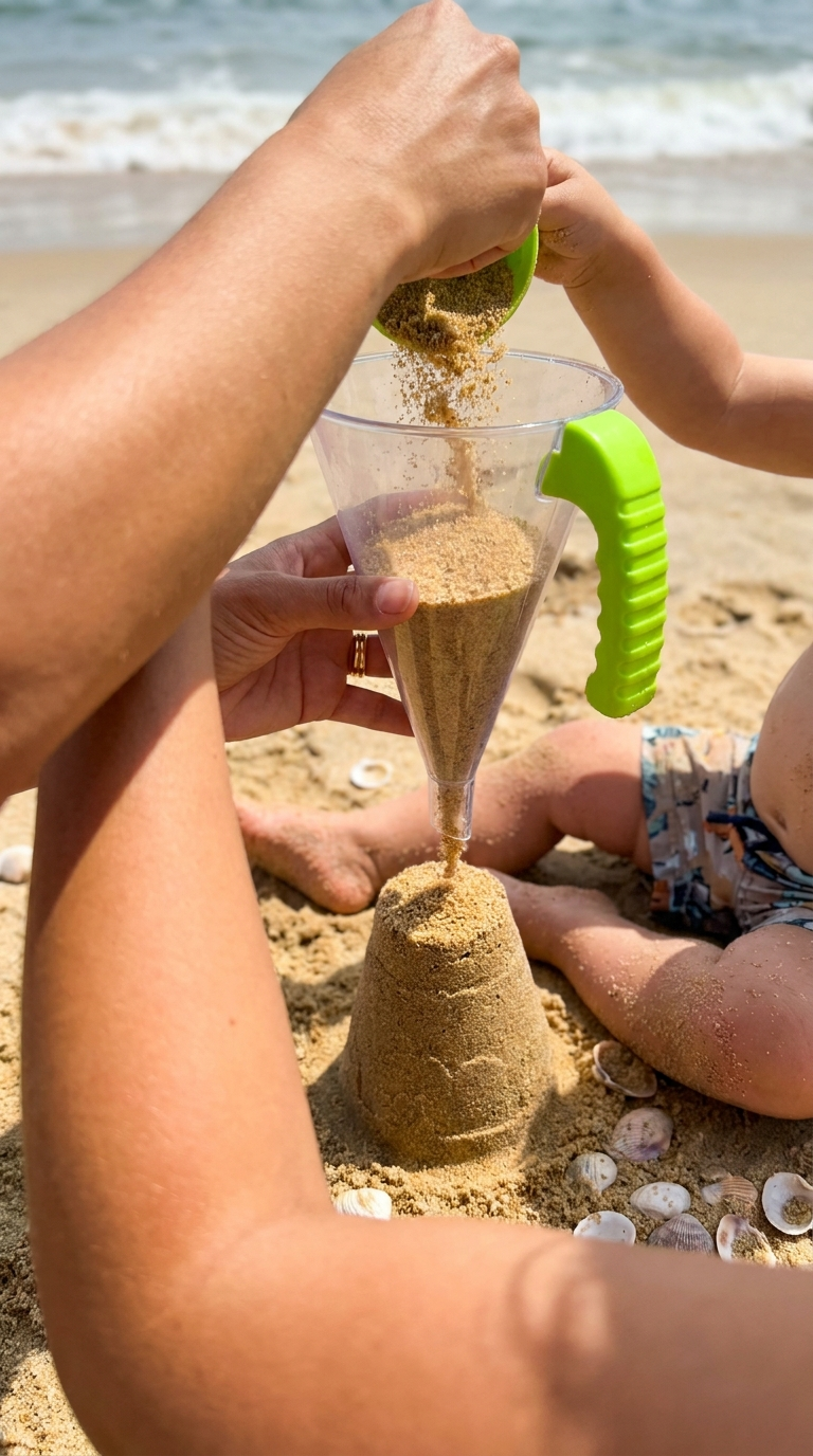 Close-up of Castle Cones sand pouring action on sunny beach