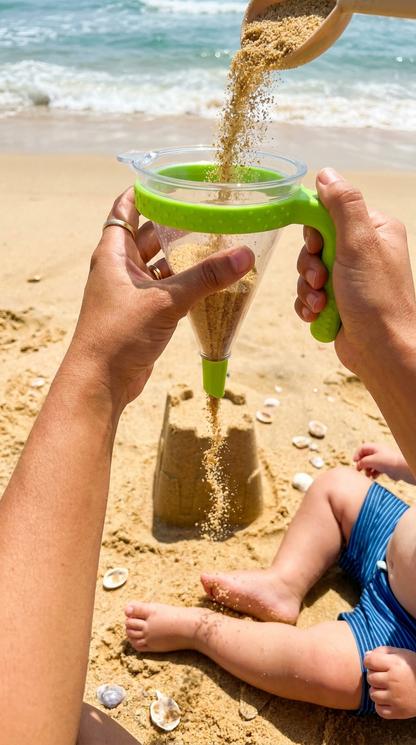 Parent pouring sand through Castle Cones to make sand castle